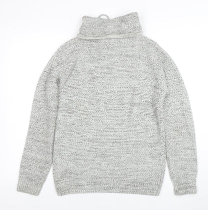 Pull & Bear Men's Grey Roll Neck Chunky Knit Jumper XS