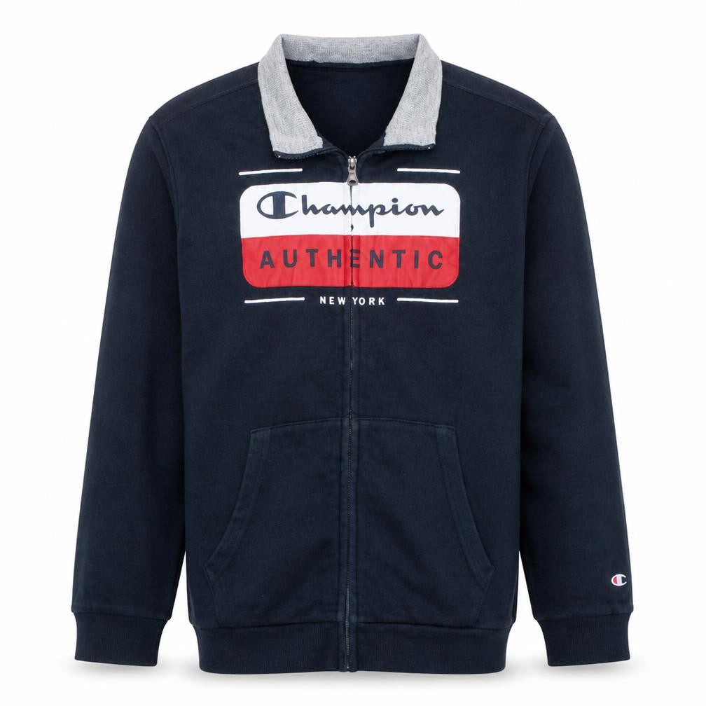 Front view of Champion boys’ blue full zip fleece sweatshirt xl 13-14 years logo authentic