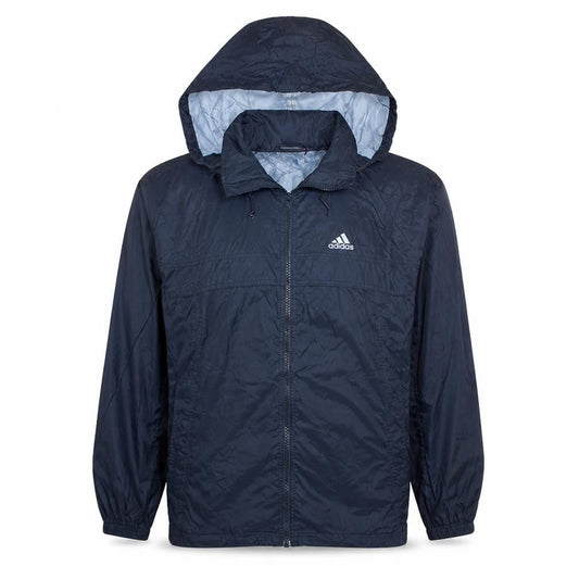 Front view of Adidas Men's Blue Hooded Windbreaker Jacket, size S