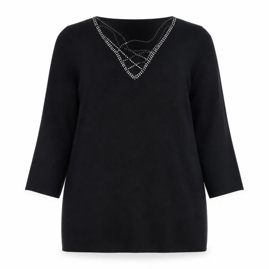 SKY Women’s Black Beaded V-Neck Pullover Jumper Size 4