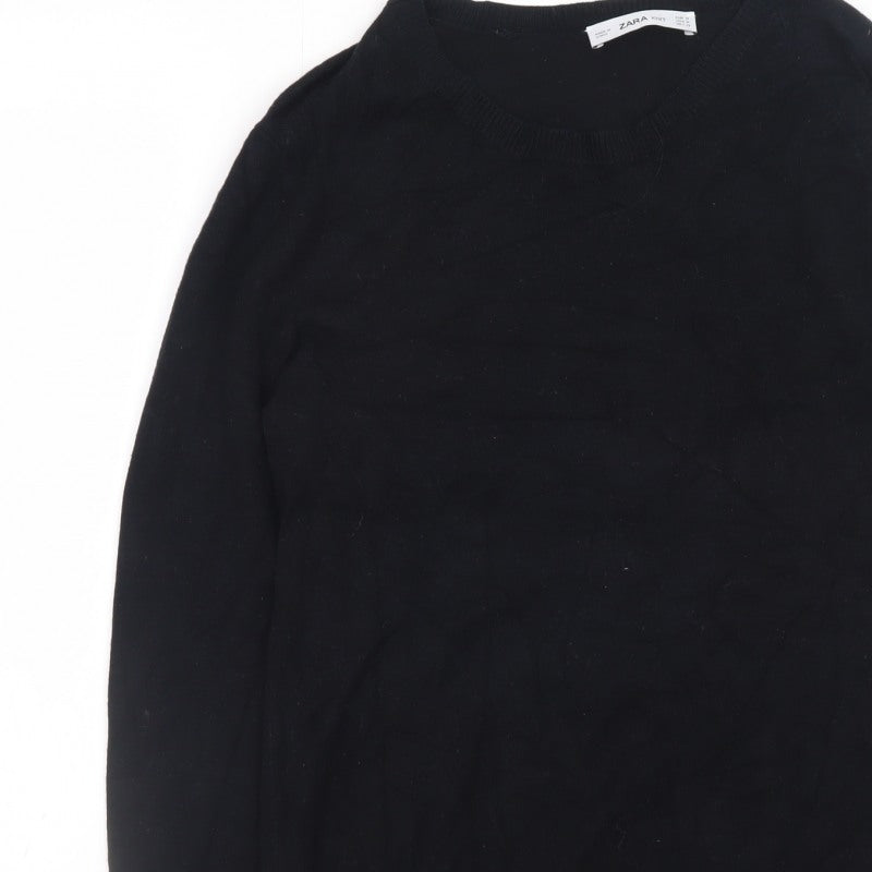 Zara Men Black Knit Pullover Jumper Size M Crew Neck Long Sleeve