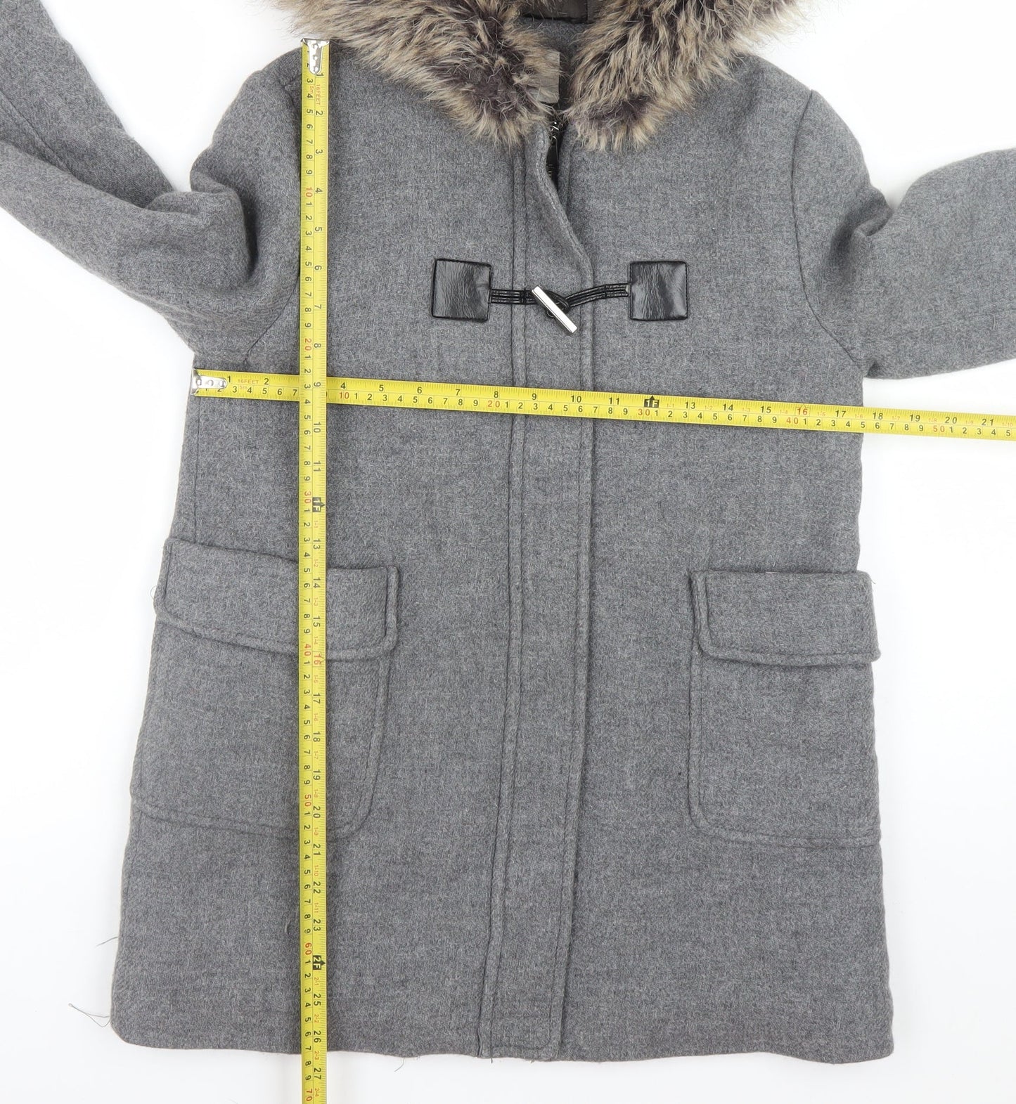 Zara Girls Grey Wool Blend Hooded Duffle Coat 13-14 Years