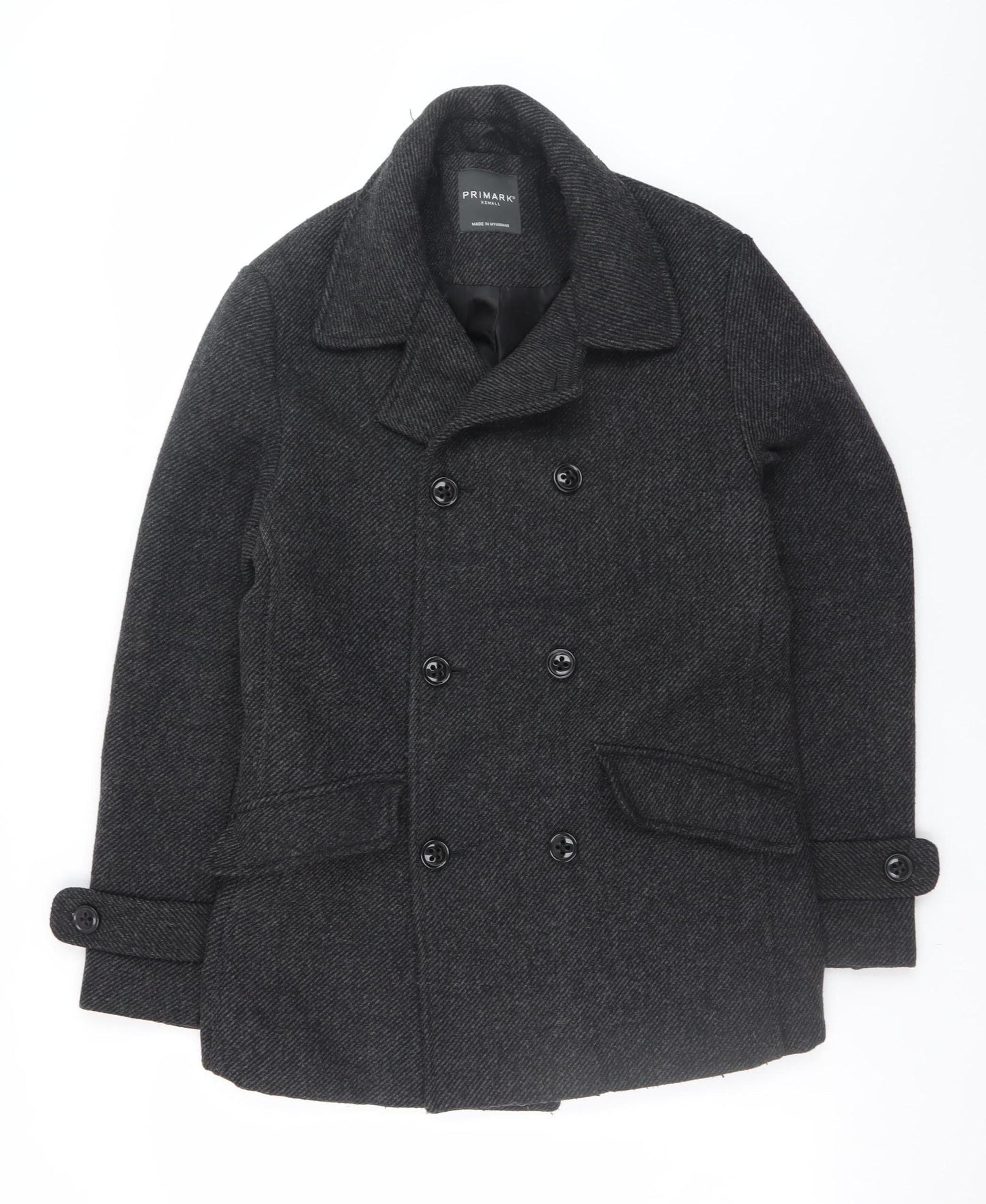 Primark Mens Grey Wool Blend Pea Coat XS Classic Winter Style