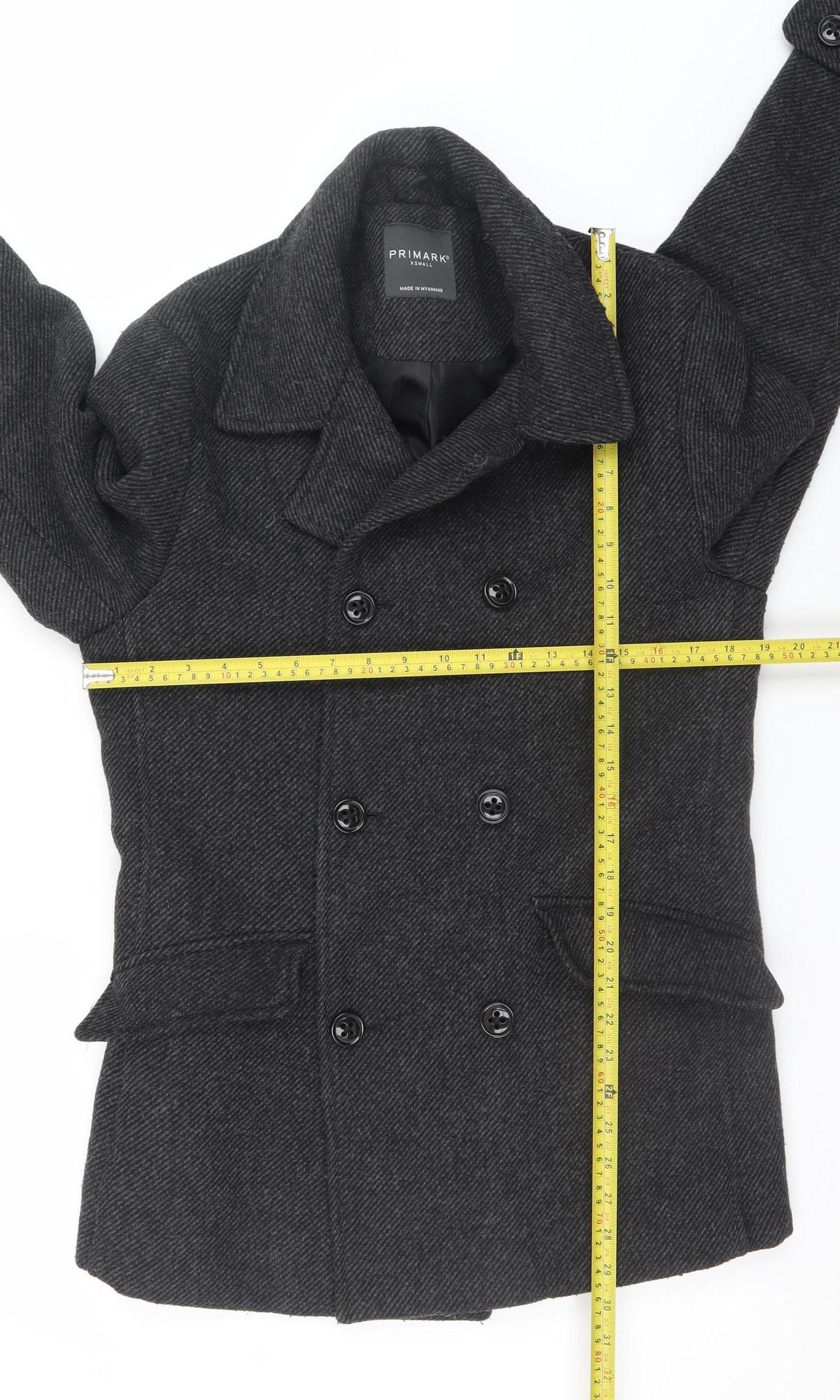 Primark Mens Grey Wool Blend Pea Coat XS Classic Winter Style