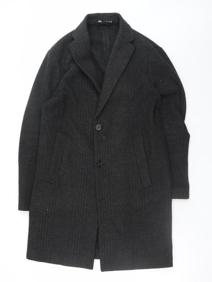 Zara Womens Black Long Check Overcoat Size S Classic Wool Look