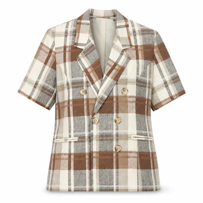 SPICE Womens Brown Check Linen Short Sleeve Blazer Size 12