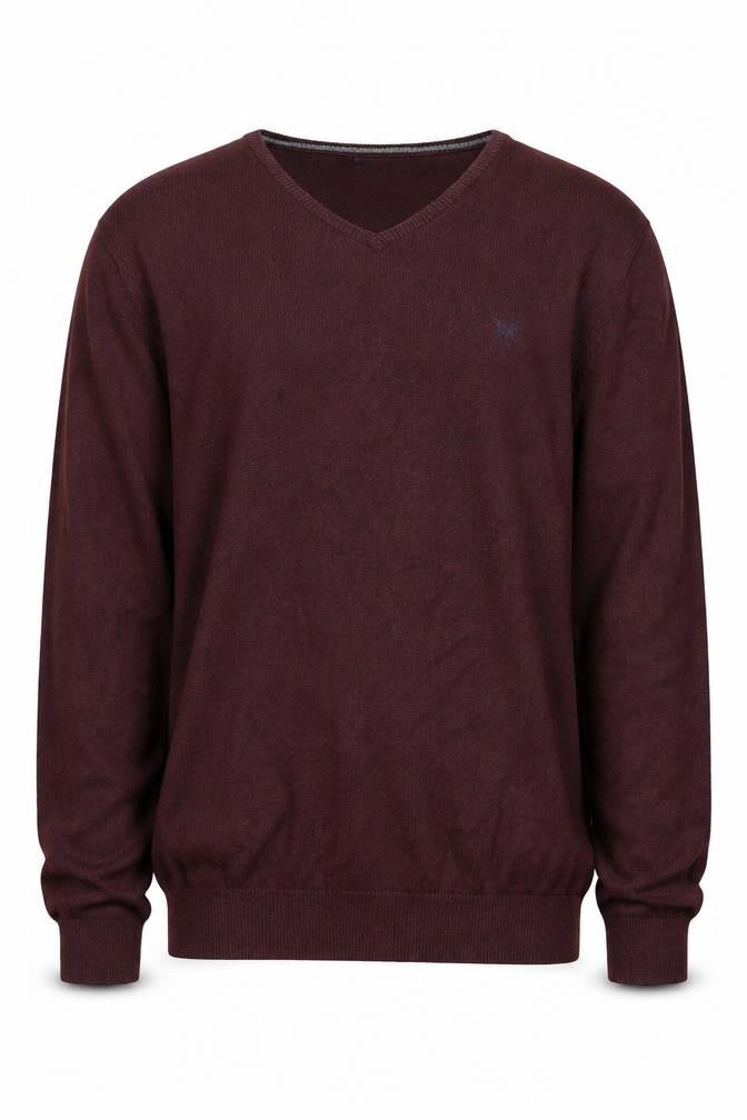 Front view of Crew Clothing Men's Brown L V-Neck Cotton Cashmere Jumper