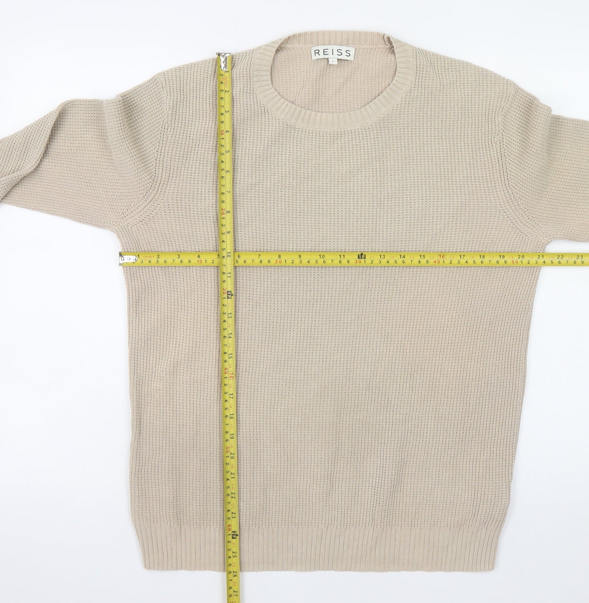 Reiss Mens Beige Waffle Knit Crew Neck Jumper Size L