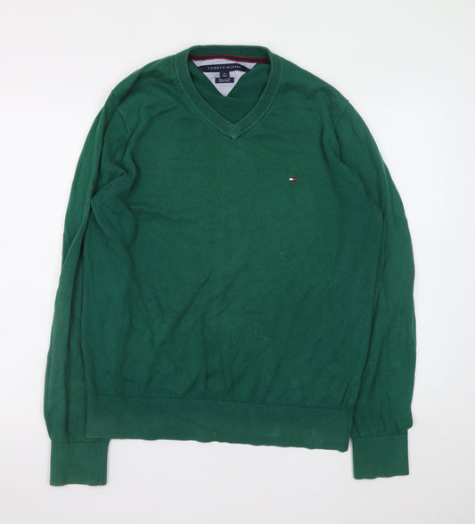 Tommy Hilfiger Men's Green V-Neck Cotton Pullover Jumper L