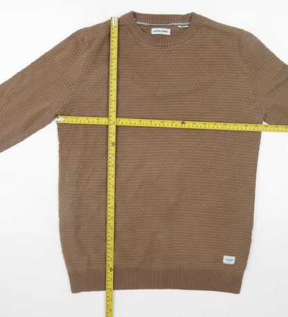 Jack & Jones Men's Brown Waffle-Knit Cotton Pullover Jumper Size L
