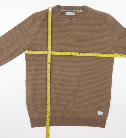 Jack & Jones Men's Brown Waffle-Knit Cotton Pullover Jumper Size L