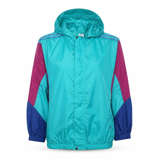 Front view of adidas women’s blue windbreaker jacket, size UK 12, retro hooded 90s style