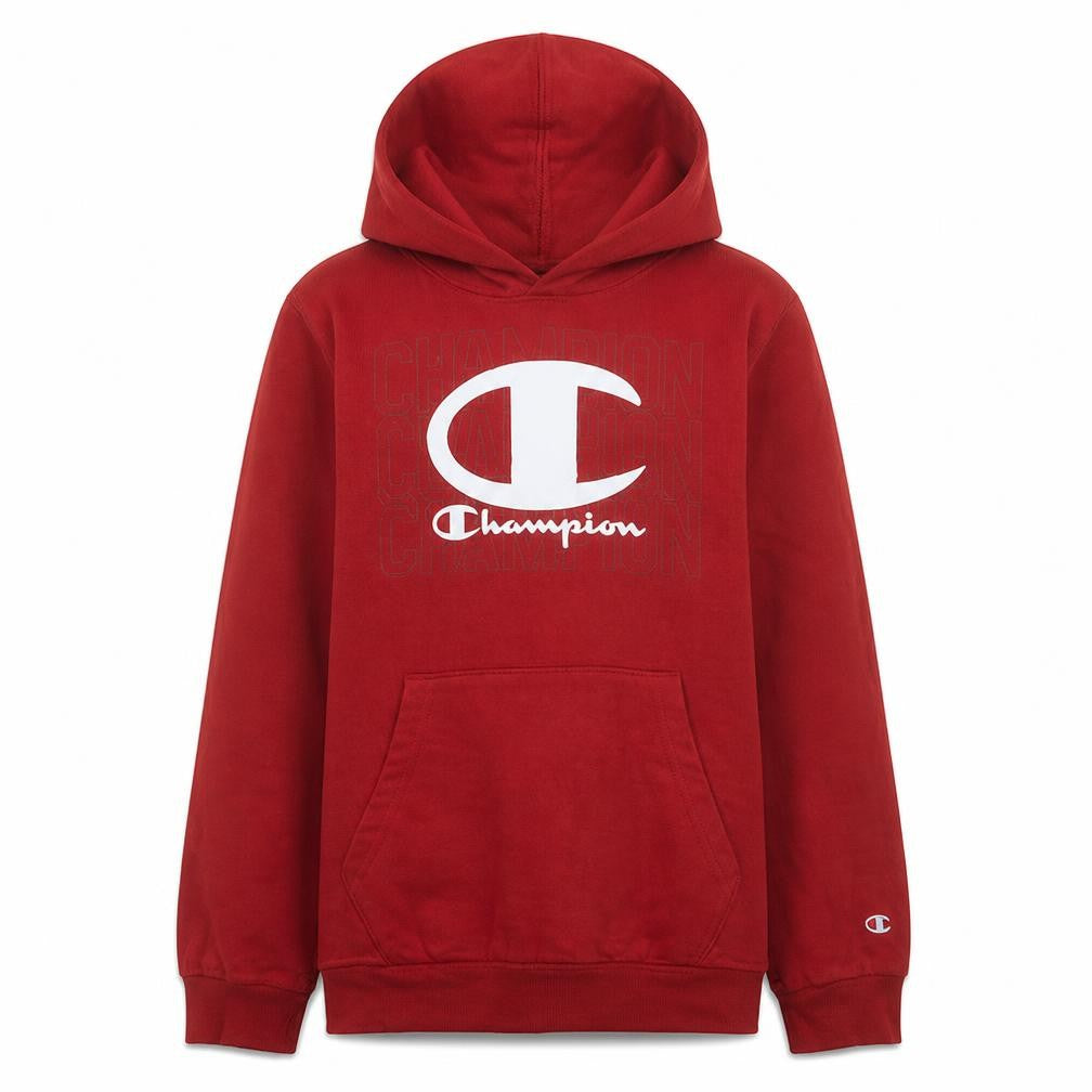 Front view of Champion boys’ red pullover hoodie 13-14 years logo graphic fleece