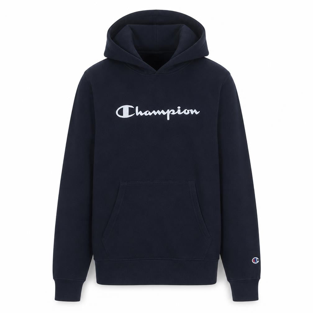 Front view of Champion boys’ black 2xl pullover fleece hoodie with logo print