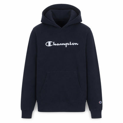 Front view of Champion boys’ black 2xl pullover fleece hoodie with logo print