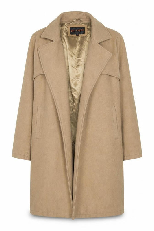 QED London Women Beige Mid-Length Overcoat Size 12 Lined Classic Style