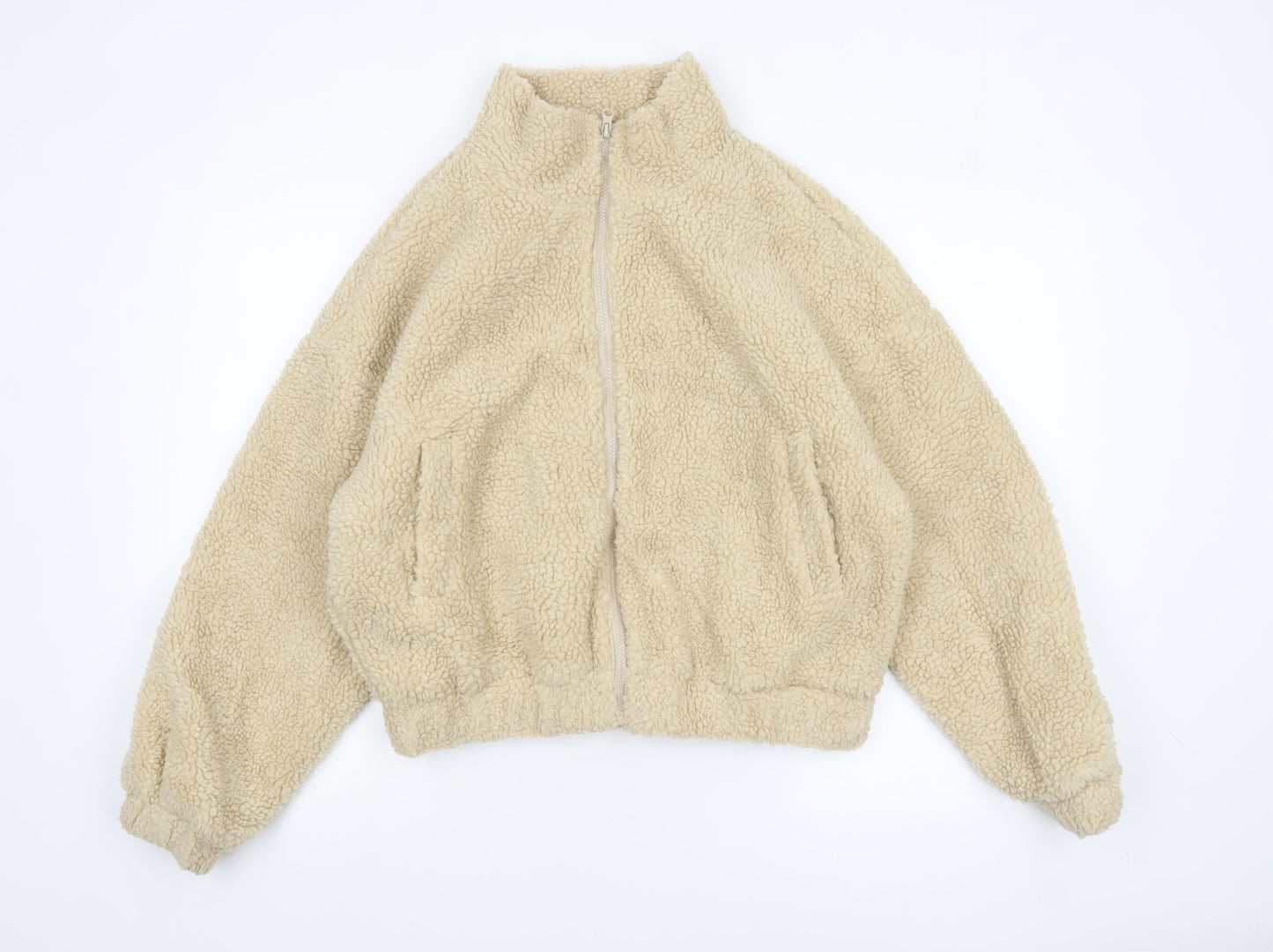 Missguided Women’s Beige Fleece Bomber Jacket UK 10 Cropped Zip Style