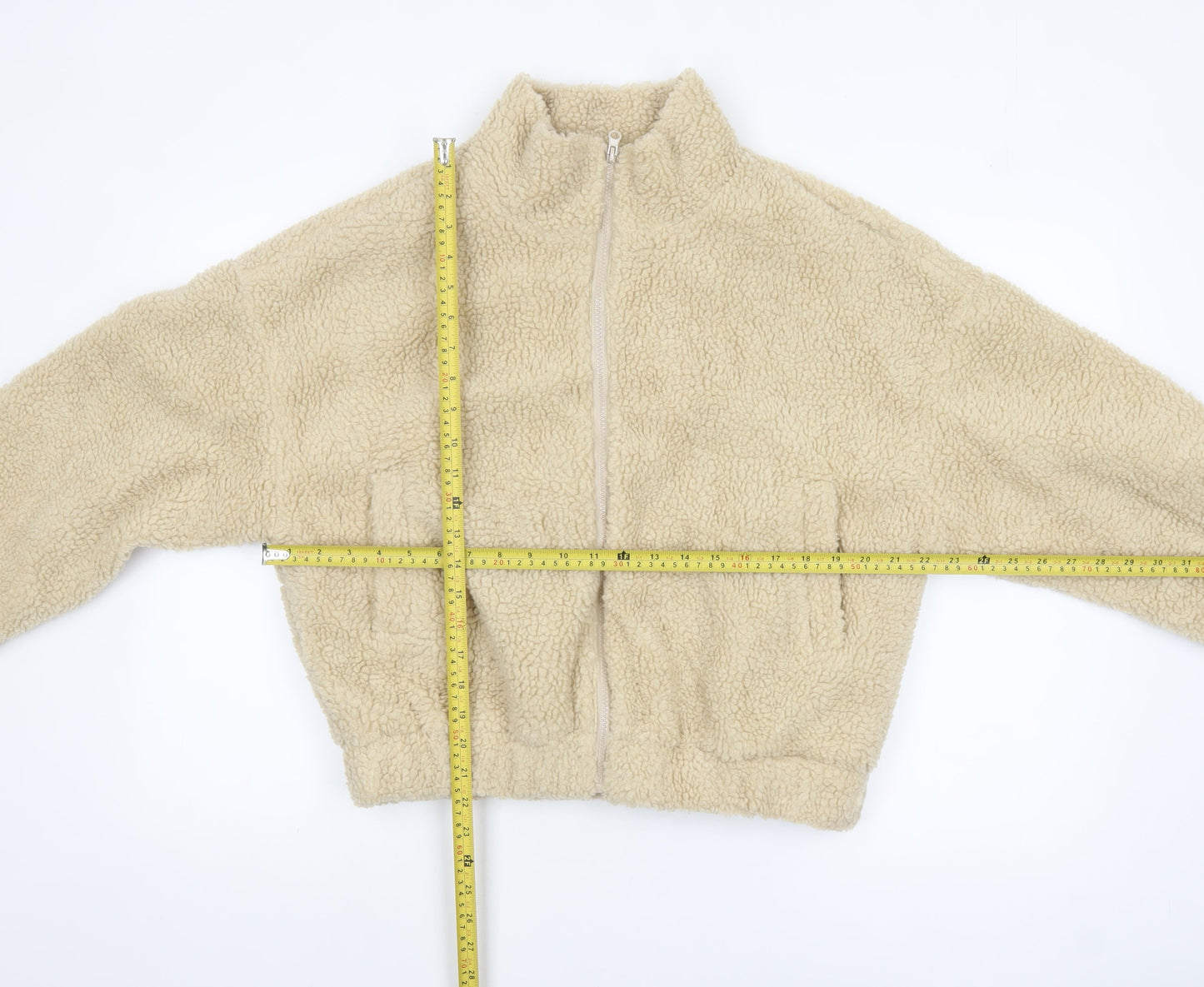 Missguided Women’s Beige Fleece Bomber Jacket UK 10 Cropped Zip Style