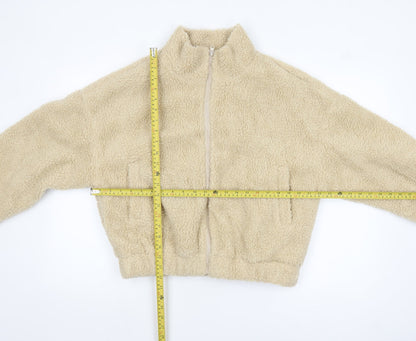 Missguided Women’s Beige Fleece Bomber Jacket UK 10 Cropped Zip Style