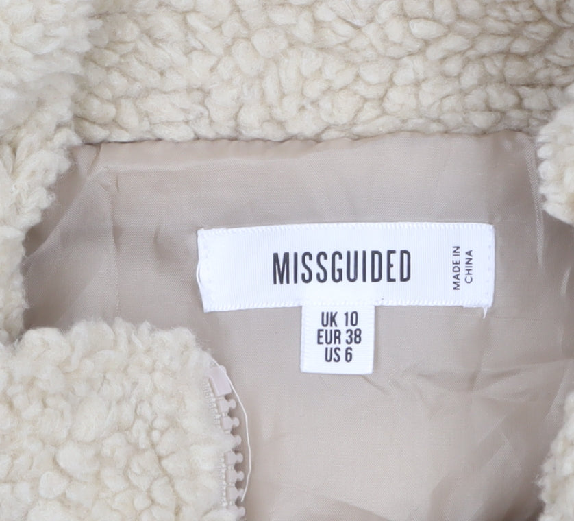 Missguided Women’s Beige Fleece Bomber Jacket UK 10 Cropped Zip Style