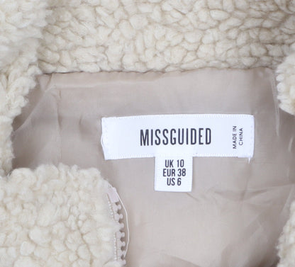 Missguided Women’s Beige Fleece Bomber Jacket UK 10 Cropped Zip Style