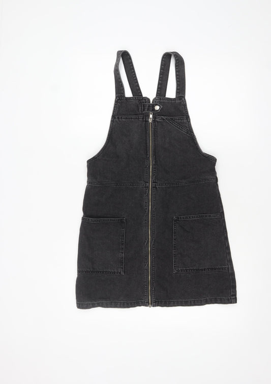 Topshop Women’s Black Denim Pinafore Dress Size 8 Zip Front Casual