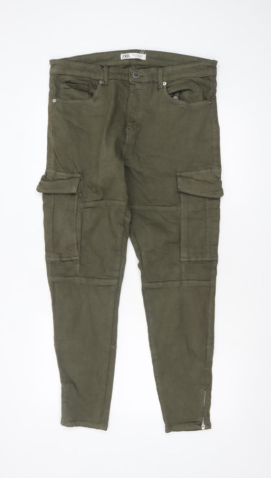 ZARA Women Green Cargo Jeans Size 16 Mid Rise Stretch Cotton