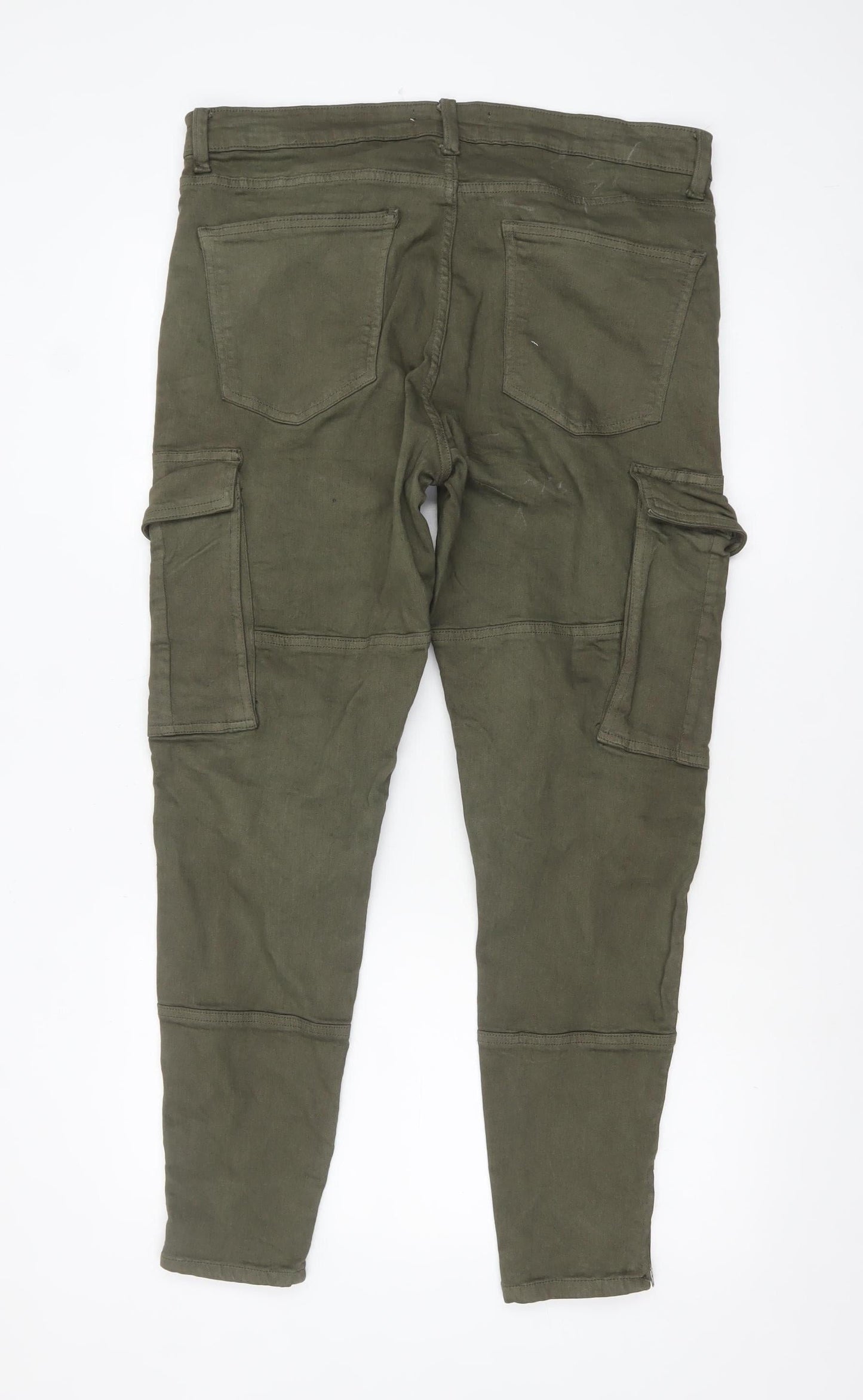 ZARA Women Green Cargo Jeans Size 16 Mid Rise Stretch Cotton