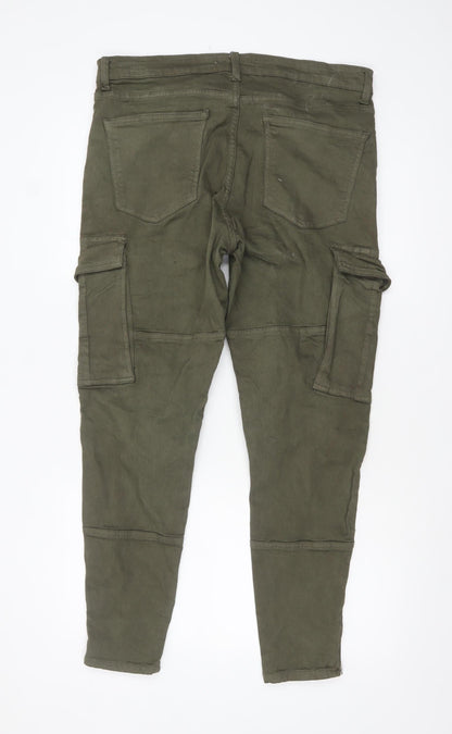 ZARA Women Green Cargo Jeans Size 16 Mid Rise Stretch Cotton