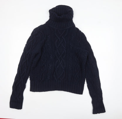 Lands' End Women's Blue Cable-Knit Roll Neck Cotton Jumper L