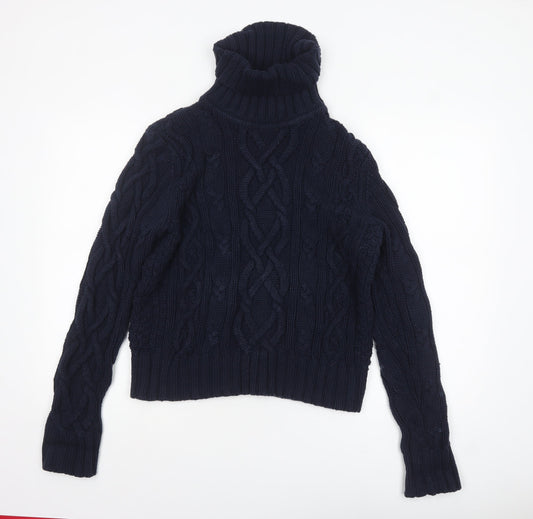 Lands' End Women's Blue Cable-Knit Roll Neck Cotton Jumper L