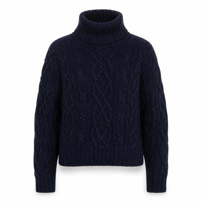 Lands' End Women's Blue Cable-Knit Roll Neck Cotton Jumper L