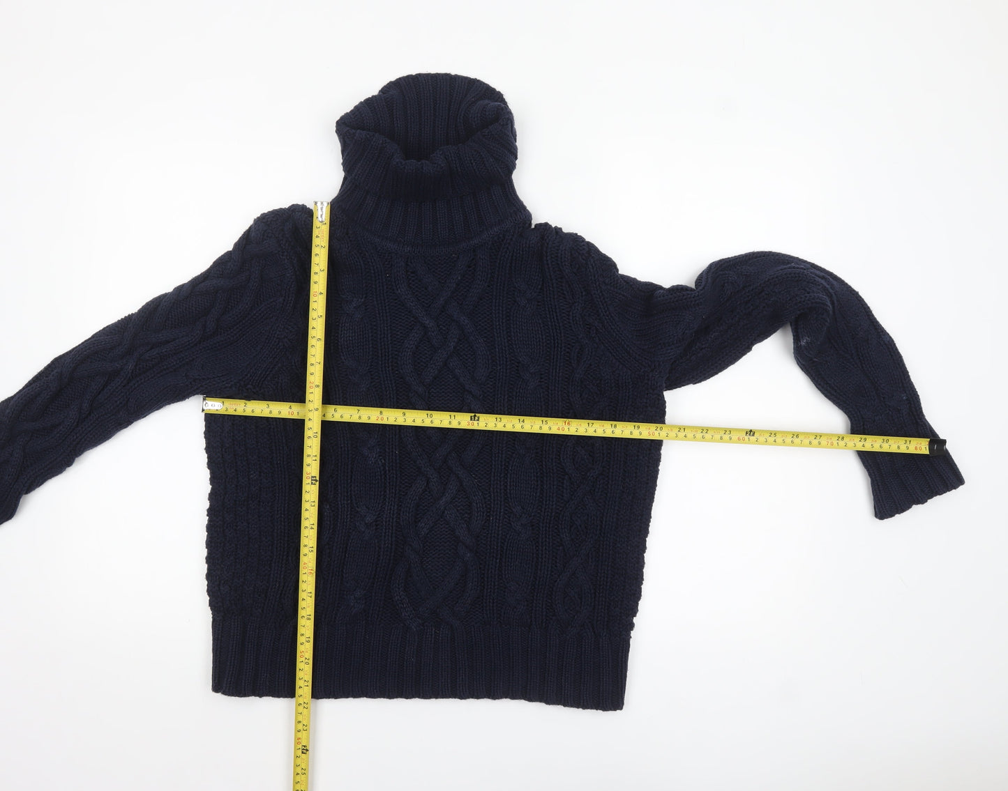 Lands' End Women's Blue Cable-Knit Roll Neck Cotton Jumper L