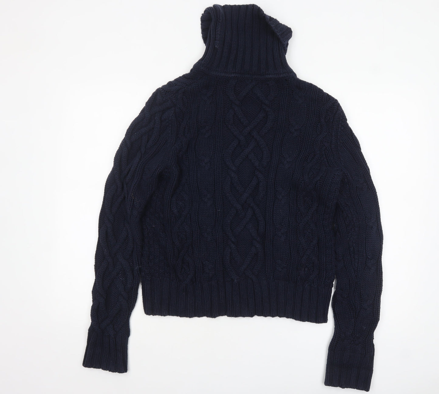 Lands' End Women's Blue Cable-Knit Roll Neck Cotton Jumper L