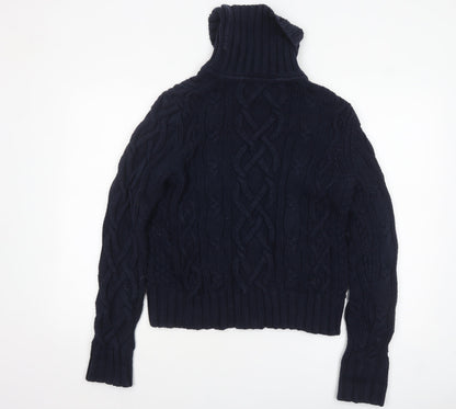 Lands' End Women's Blue Cable-Knit Roll Neck Cotton Jumper L