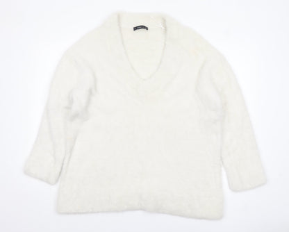 Zara Women White V-Neck Knit Pullover Jumper Size 14