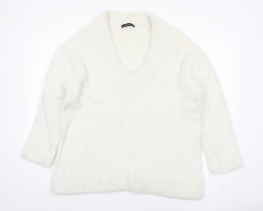 Zara Women White V-Neck Knit Pullover Jumper Size 14