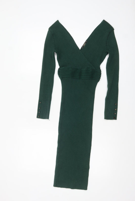 Lipsy Women Green Knit Bodycon Midi Dress Size 10 V-Neck
