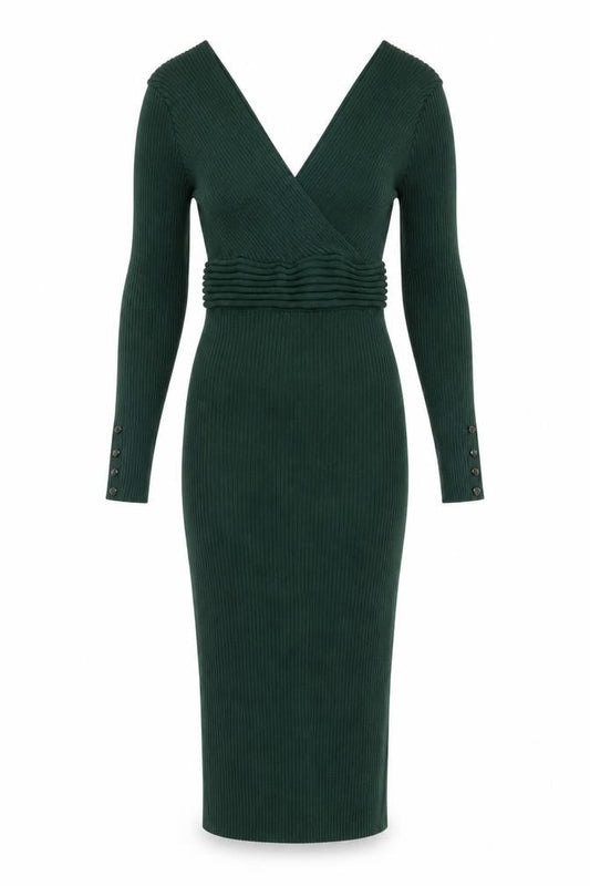 Lipsy Women Green Knit Bodycon Midi Dress Size 10 V-Neck