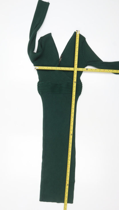 Lipsy Women Green Knit Bodycon Midi Dress Size 10 V-Neck
