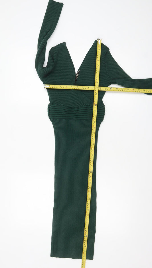 Lipsy Women Green Knit Bodycon Midi Dress Size 10 V-Neck