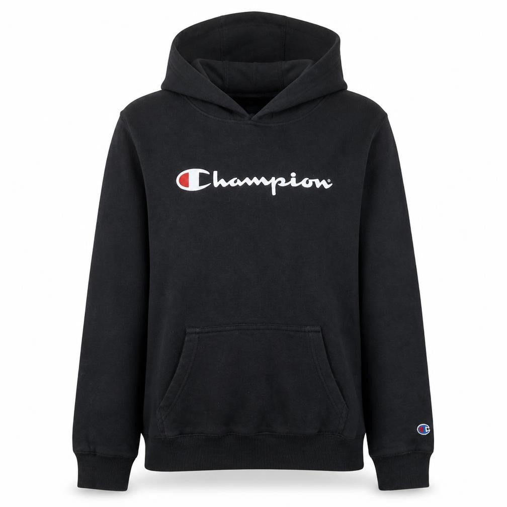 Front view of Champion Teens Black Pullover Hoodie Sweatshirt Youth 14 Logo Print