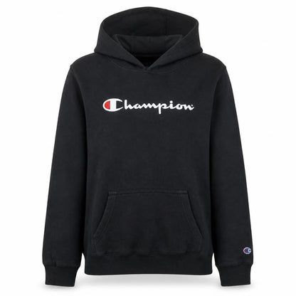 Front view of Champion Teens Black Pullover Hoodie Sweatshirt Youth 14 Logo Print
