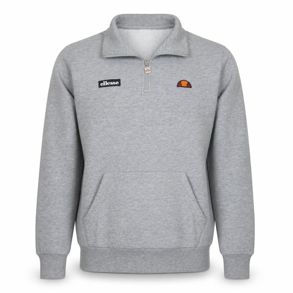 Front view of Ellesse men’s grey 1/4 zip fleece sweatshirt, size M, sports logo top