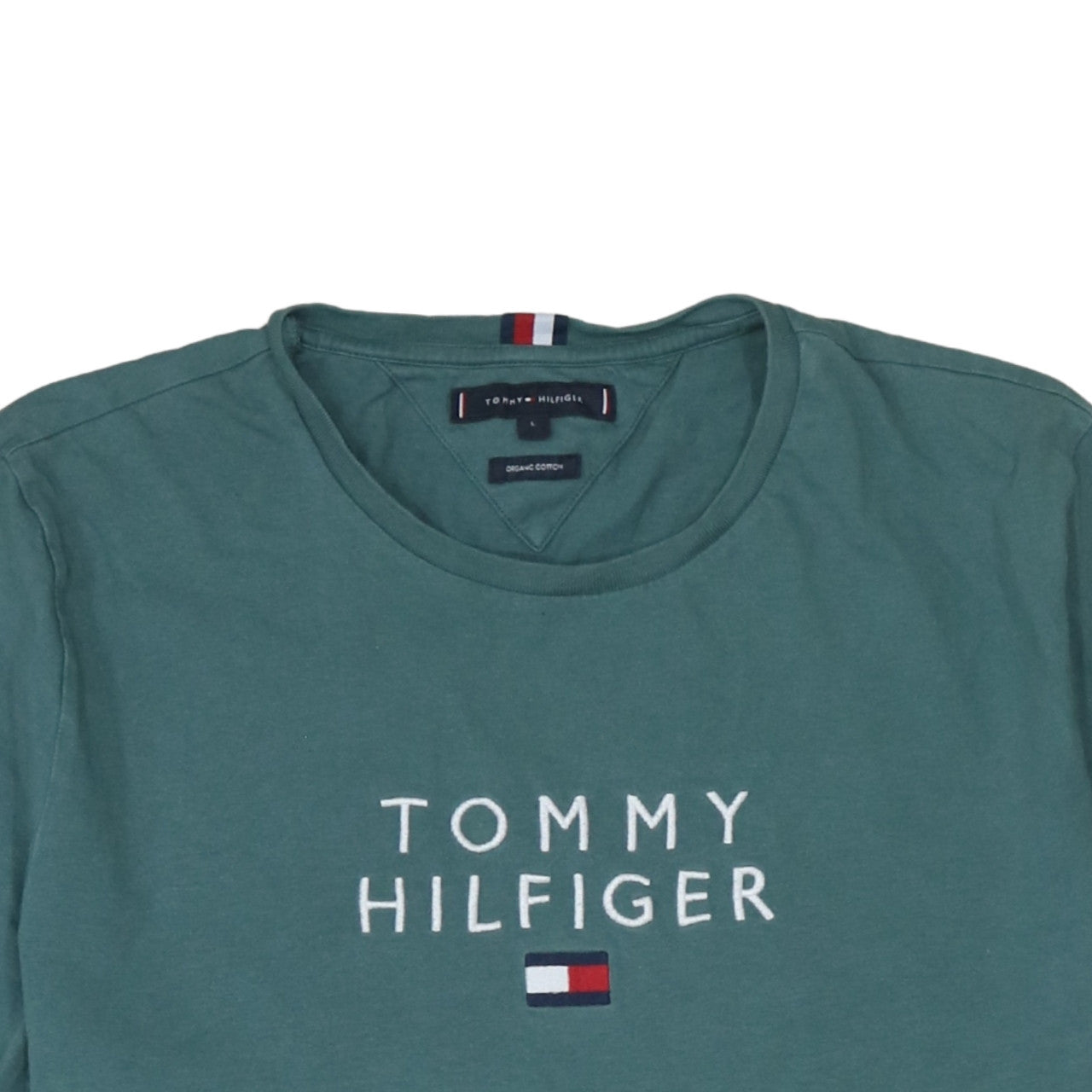 Tommy Hilfiger Men's Green Logo Embroidered Organic Cotton T-Shirt L