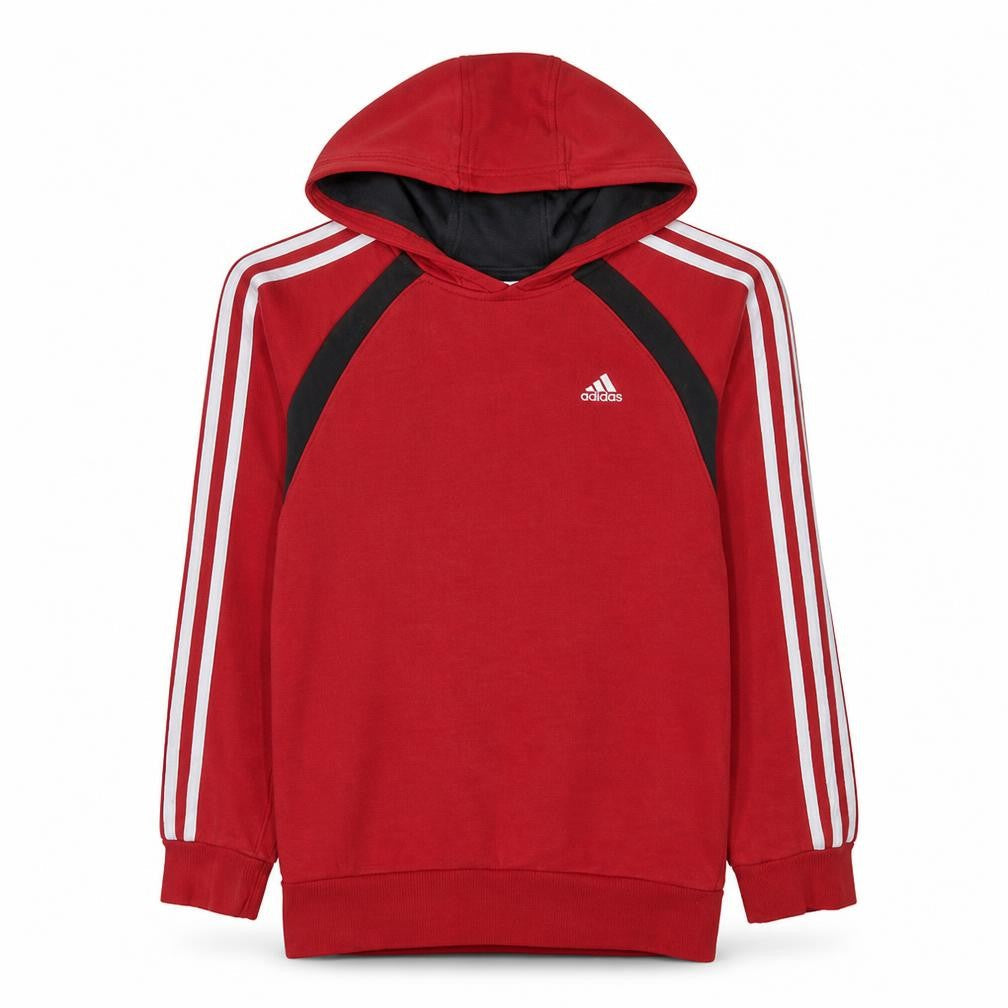 Front view of Adidas boys’ red pullover hoodie 9-10 years cotton blend classic fit