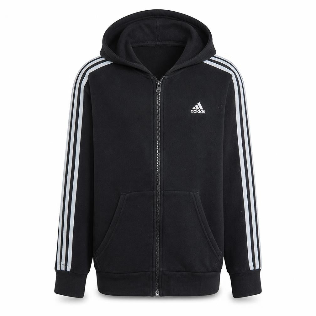 Front view of Adidas Men Black Full Zip Hoodie, size M, Sports Fleece Sweatshirt