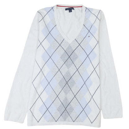 Tommy Hilfiger Men's White Argyle V-Neck Cotton Jumper Size L