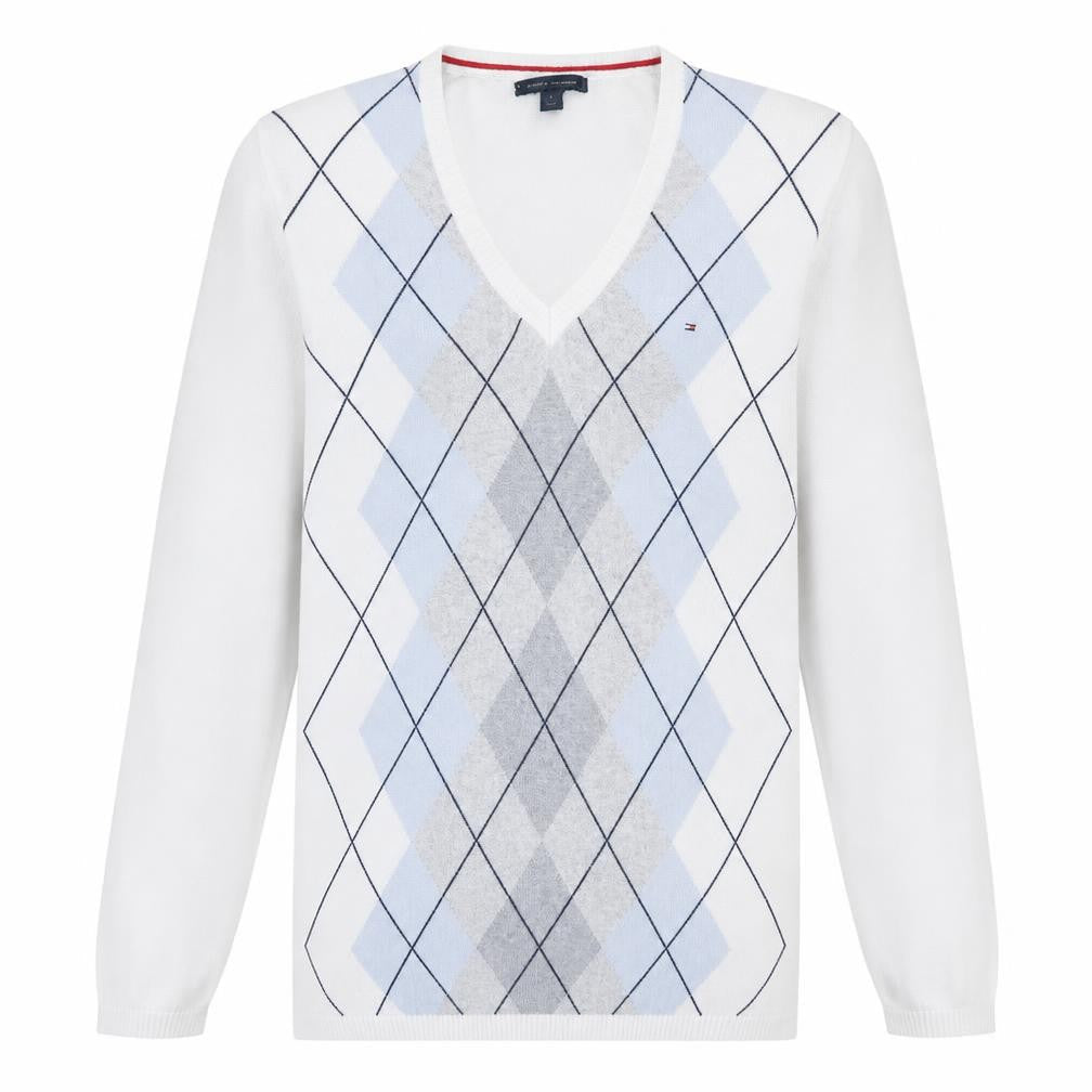 Tommy Hilfiger Men's White Argyle V-Neck Cotton Jumper Size L