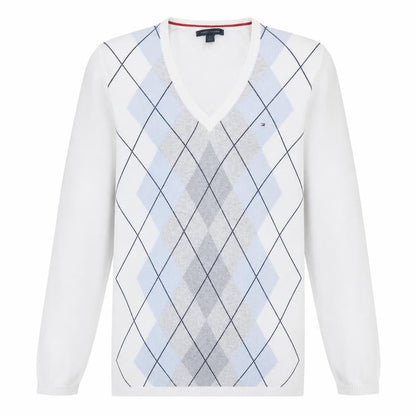 Tommy Hilfiger Men's White Argyle V-Neck Cotton Jumper Size L